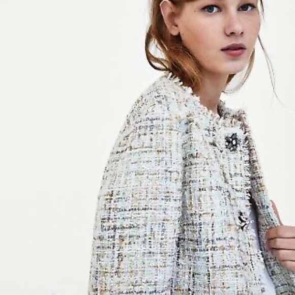 Zara Tweed Weave Textured Blazer Jacket w/ Jewel Buttons Size S NEW - Picture 4 of 5